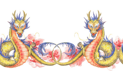 Watercolor Chinese dragon seamless border with blooming Sakura flowers. Hand drawn horizontal border pattern illustration isolated on background for Chinese new year festive design and tradition lunar