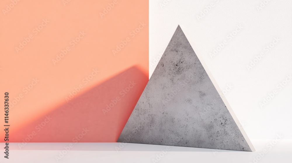 Aufkleber a concrete triangular shape against a coral and white backdrop, emphasizing minimalism.