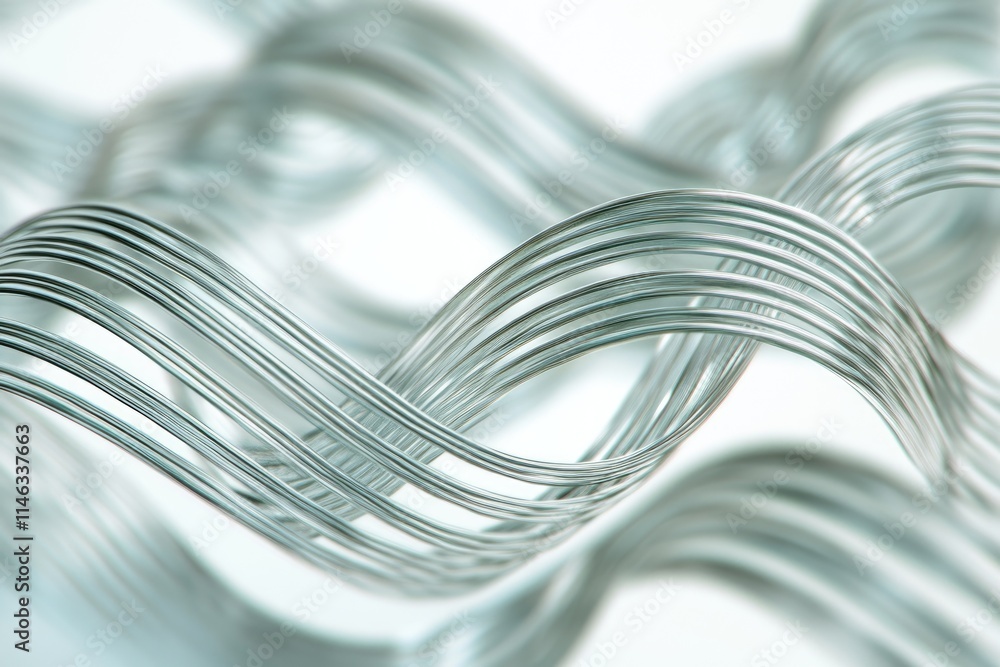 Poster abstract image of interwoven, wavy silver wires creating a dynamic, flowing pattern.