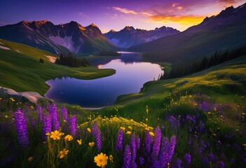 stunning portrait majestic mountain sunrise illuminating serene valley landscape vibrant colors breathtaking scenery, aerial, alpine, beauty, brightness
