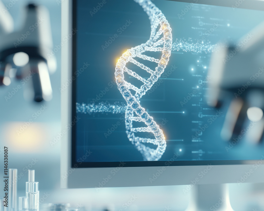 Poster close up of dna helix diagrams glowing on computer screen, showcasing advanced biotechnology and res