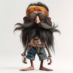 Cartoon illustration of a hippie man with long hair, a bandana, and sunglasses.