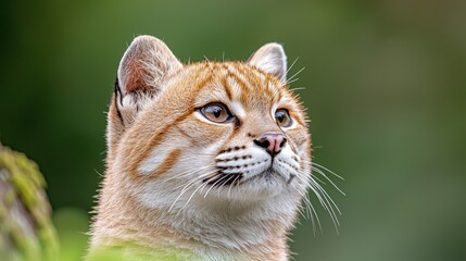 Fototapeta premium Close-up portrait of a bobcat looking to the right, set against a blurred green background.