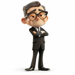 A cartoon man in a business suit with glasses stands with his arms crossed, looking serious.