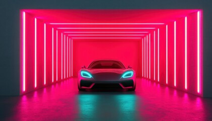Futuristic Car in Neon Lighted Garage with Pink and Blue Lights