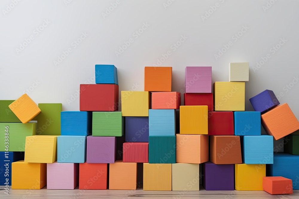 Poster vibrant colorful blocks stacked on white background symbolizing diversity and structure