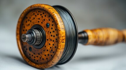A close-up of a wooden fishing reel with line, emphasizing craftsmanship and functionality.