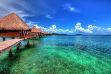 Water villas in the azure lagoon of Bora Bora, French Polynesia, South Pacific.