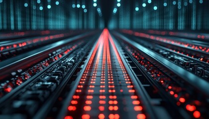 Futuristic Data Center with Rows of Illuminated Red and Blue Lights