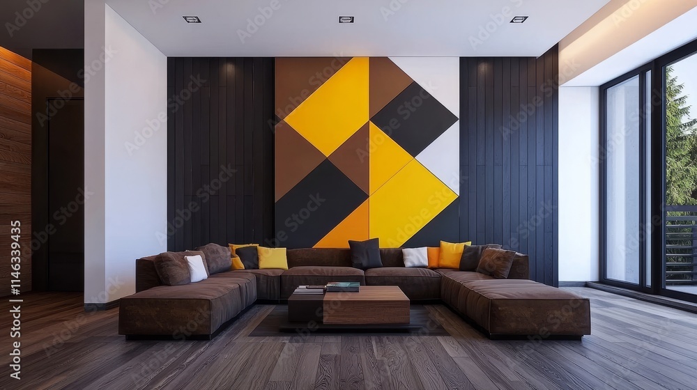 Poster an image of a gray sofa and an art frame, created as a 3d render in a classical composition style.