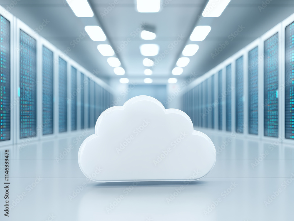 Poster digital server room with glowing cloud technology concept, showcasing modern data storage solutions 