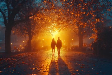 Fototapeta premium A romantic couple holding hands, walking together in a peaceful park at sunset, soft golden light