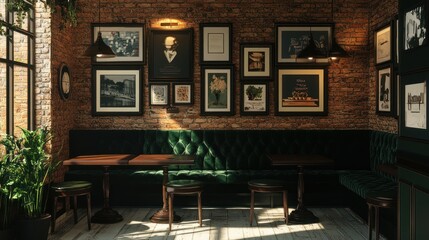 Cozy vintage cafe with brick walls, framed pictures, and wooden tables.