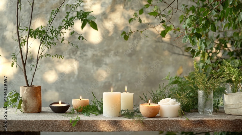 Aufkleber soft candlelight flickers gently on a rustic wooden table adorned with pots of greenery and natural 