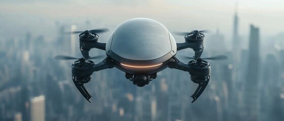 Aerial View of Drone Flying Over Cityscape with Modern Skyscrapers