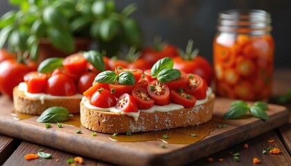 Fresh bruschetta with cherry tomatoes and basil on wooden board, perfect for recipe blogs