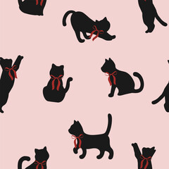 cat silhouette with red bow  seamless pattern , vector , illustration