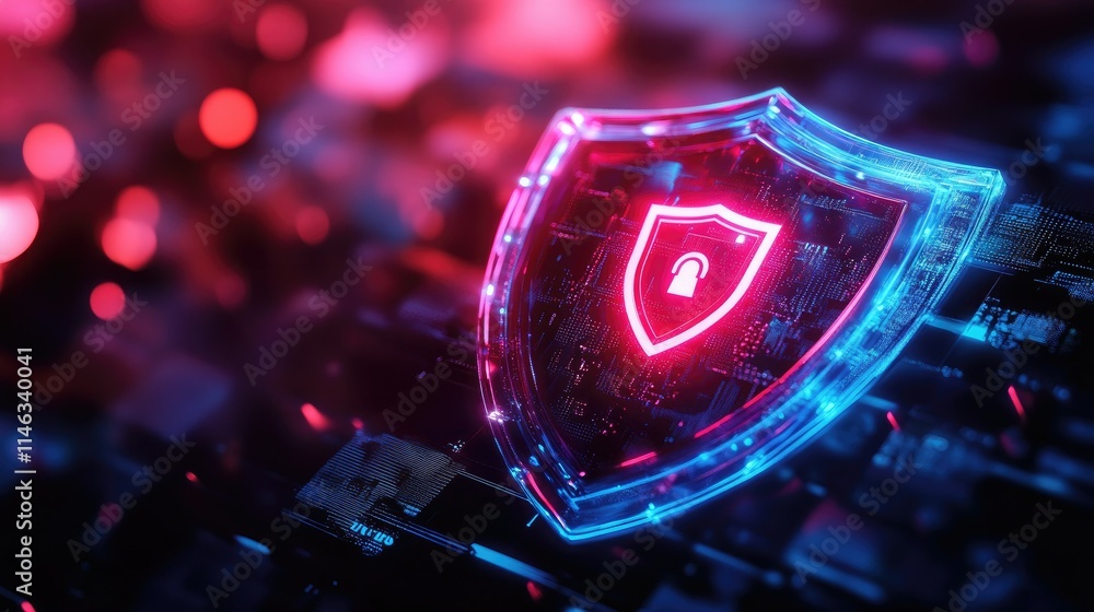 Poster abstract digital shield with lock symbol representing cybersecurity concept, protecting data in mode