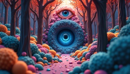 Surreal eye sculpture in autumn forest, colorful dreamscape, fantasy art visualization