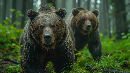Fototapeta premium Two majestic brown bears emerge from a lush, green forest, their fur glistening with rain. A powerful image of wildlife in its natural habitat.
