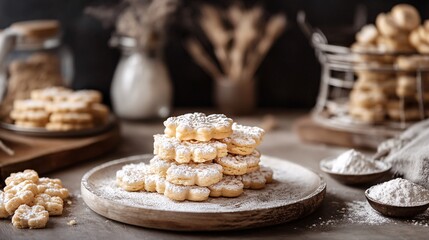 Stack of sweet homemade cookies covered with icing sugar on wooden plate