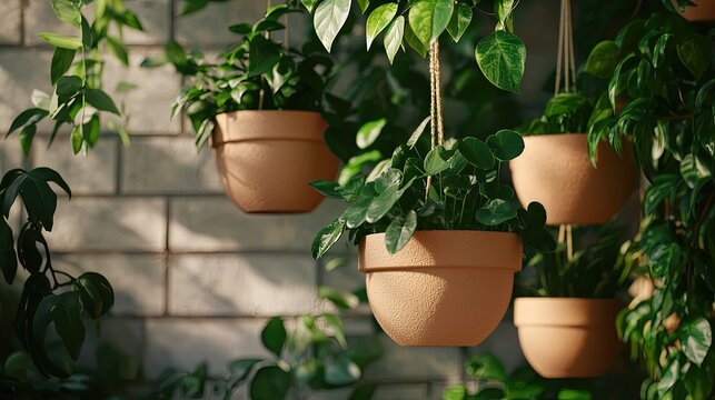 Four terracotta pots hang with lush green plants against a textured wall, creating a serene indoor garden atmosphere.