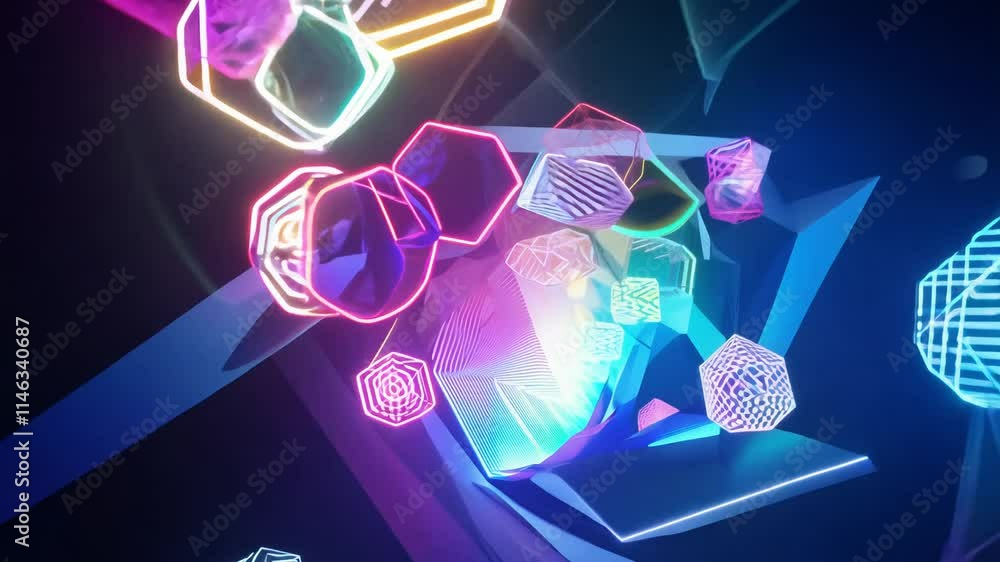 Poster vibrant space with rainbow spectrum colors featuring floating spheres, triangles, and hexagons in 36