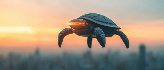 Futuristic Flying Turtle Overlooking a Cityscape at Sunset