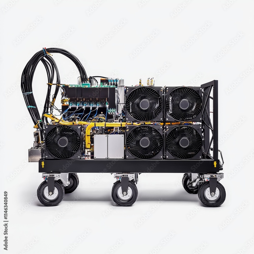 Aufkleber a dark 3d background image of a bitcoin cryptocurrency mining farm, designed and rendered in color.