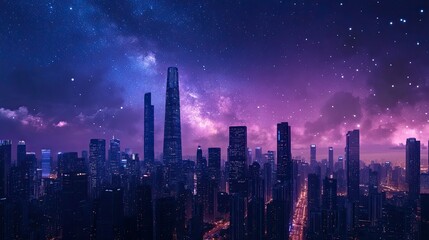 Obraz premium Stunning Night View of a Vibrant City Skyline Under a Starry Sky with Colorful Clouds and Bright Lights Featuring Tall Skyscrapers and Urban Landscape
