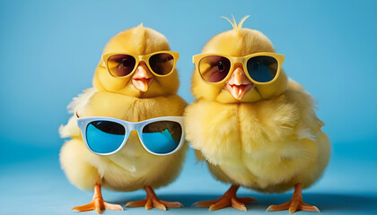 "Cheerful Yellow Chicks in Cool Sunglasses, Posing on a Blue Studio Backdrop – Easter-Themed with Vibrant Tones, Perfect for Fun Holiday Visuals and Playful Stock Imagery"