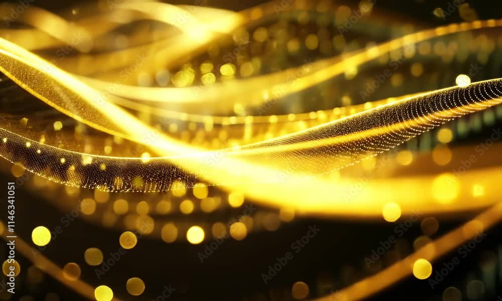 Poster abstract golden glittering lights with wave patterns on dark backdrop