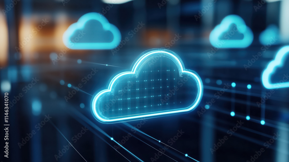 Poster futuristic cloud technology with glowing blue clouds and digital grid, representing advanced data st
