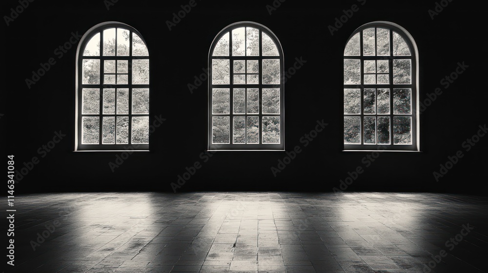 Poster a dimly lit room featuring three arched windows, creating a moody atmosphere.