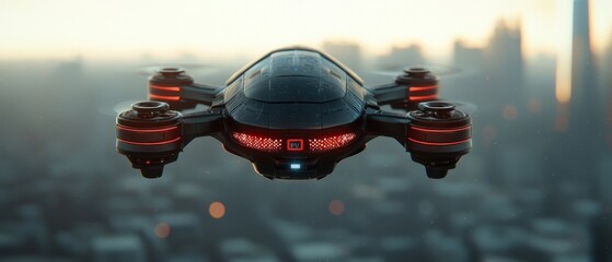 Futuristic Flying Drone with Red Lights Over Cityscape Background