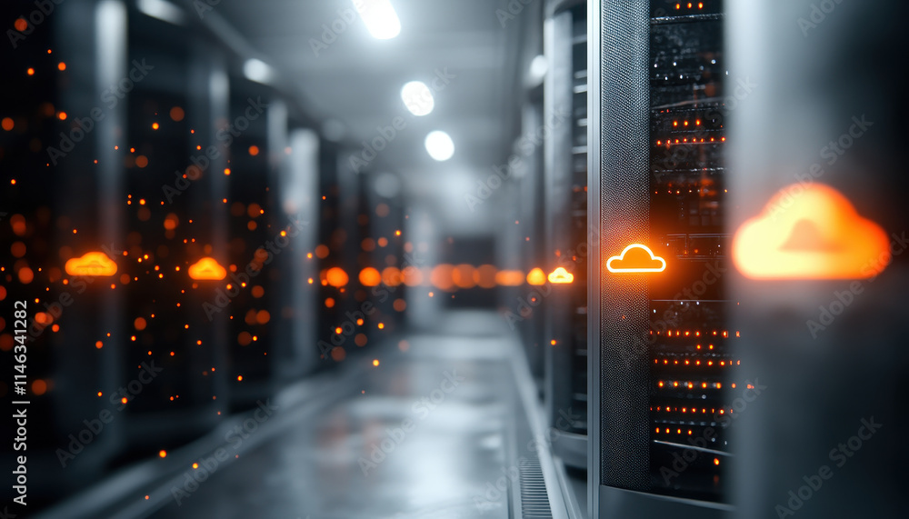 Aufkleber high tech server room with glowing cloud symbols and data flow