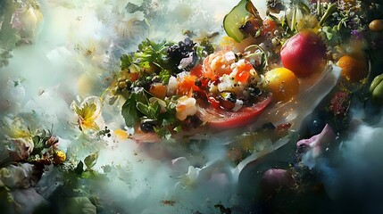 A Vibrant Still Life of Fresh Produce with Delicate Flowers and Smoke