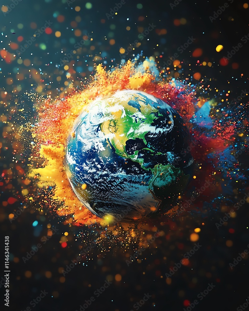 Aufkleber Planet Earth with vivid color splashes exploding from its surface, creating a surreal and abstract visual, ultradetailed, photorealistic, 8K