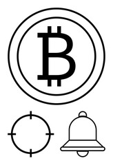 Bitcoin symbol inside a circle, alongside a crosshair and bell symbol. Ideal for cryptocurrency alerts, finance apps, trading notifications, blockchain technology, market strategies, digital currency
