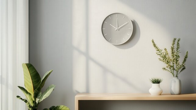 A simple and elegant room wall clock with a muted gray face, mounted on the wall of a minimalist bedroom with neutral-toned walls and simple