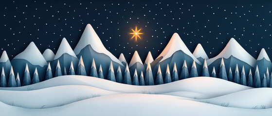 Christmas peace on earth, snowy mountain range with a golden star illuminating the peaks, tranquil beauty, A serene winter landscape featuring snow-covered mountains under a starry sky.