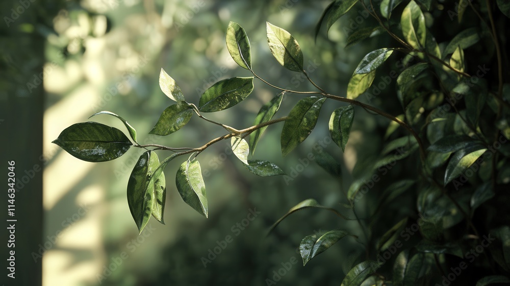 Poster a slender branch with lush green leaves, the sunlight filtering through, creating intricate patterns