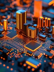 Futuristic Cityscape Concept Built on a Motherboard Circuit Design