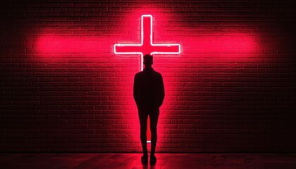 Silhouette of Person Standing Before Neon Cross on Brick Wall