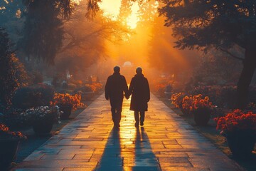 Fototapeta premium A romantic couple holding hands, walking together in a peaceful park at sunset, soft golden light