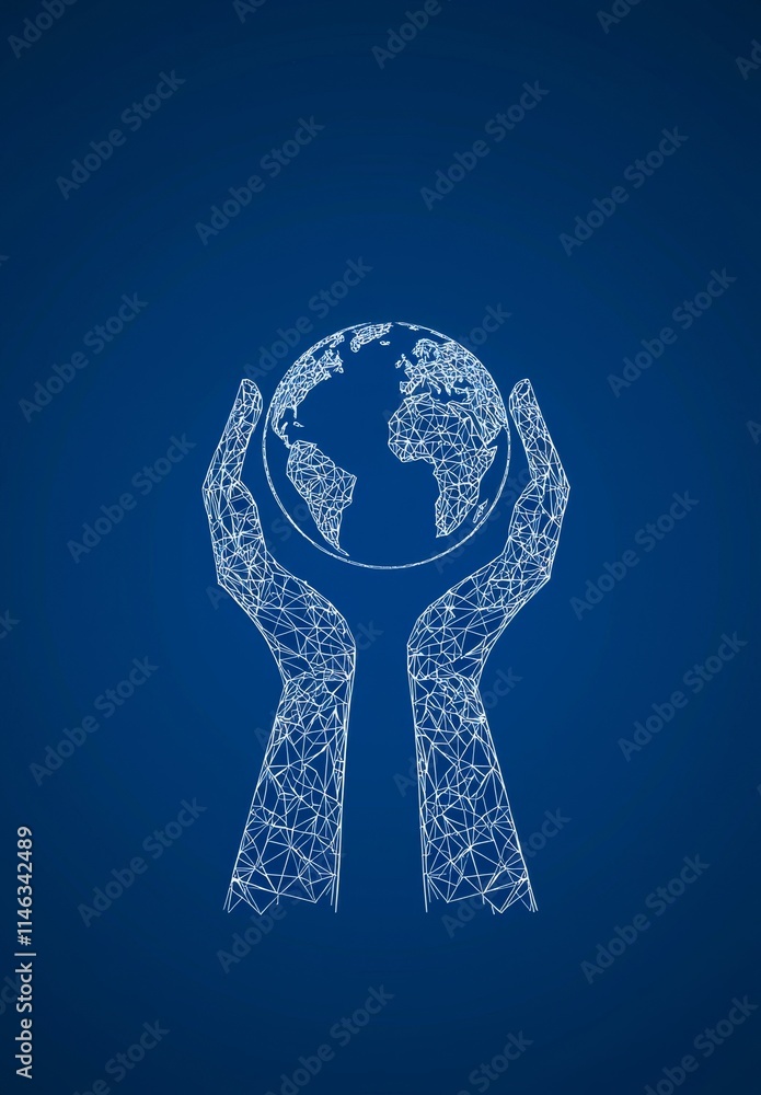 Poster a blockchain technology-themed hud background with a luminous polygon world globe, hands, and a peer