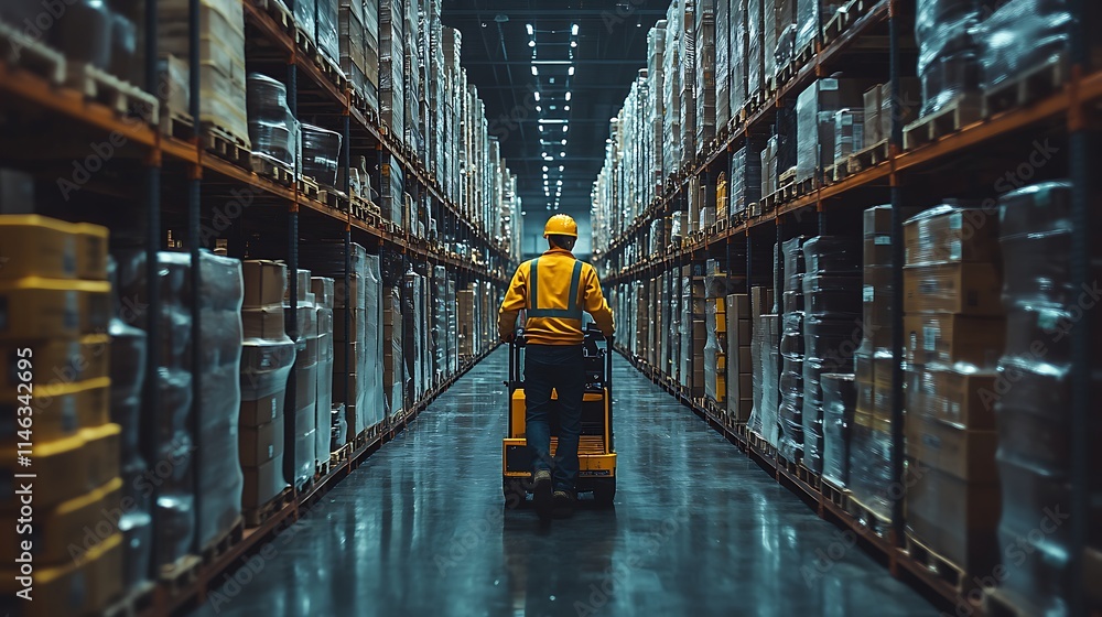 Poster warehouse worker amidst inventory: a lone worker navigates the endless aisles of a vast warehouse, s