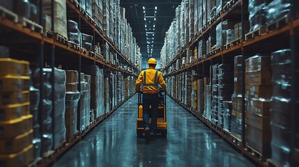 Warehouse Worker Amidst Inventory: A lone worker navigates the endless aisles of a vast warehouse, showcasing the scale and efficiency of modern logistics.