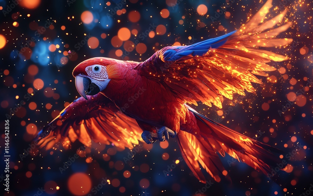 Poster a flying parrot with glowing, colorful particles surrounding it, creating an energetic and visually 