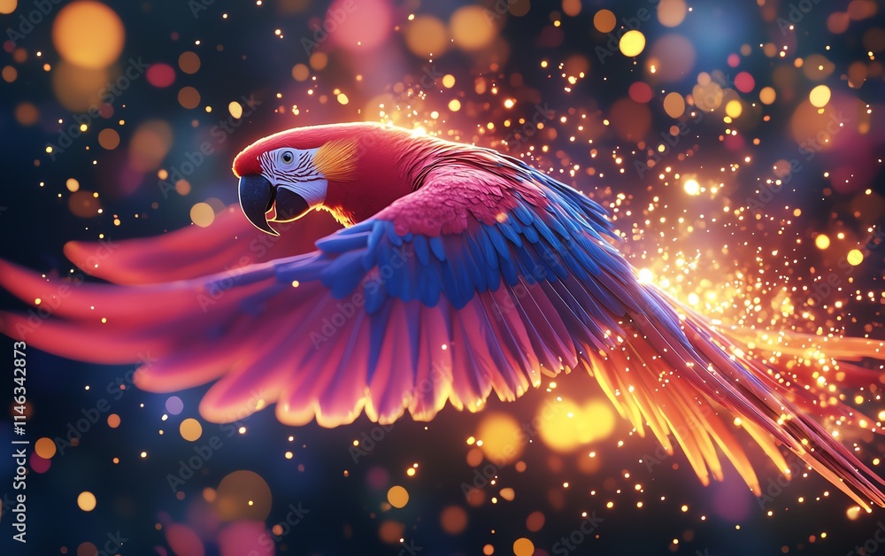 Poster a flying parrot with glowing, colorful particles surrounding it, creating an energetic and visually 